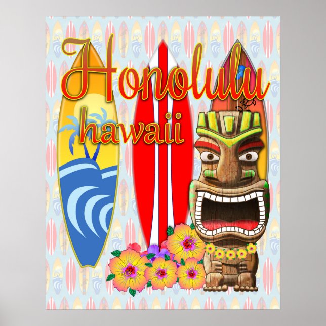 Poster Surf Honolulu Hawaii Tiki (Frente)