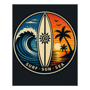 Pôster Surf Sol Mar Crachá Vintage – Onda do Pôr do Sol d