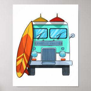 Poster Surf Van Surfboard Palm Tres Surfing Surfer Waves