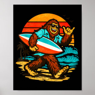 Poster Surfando bigfoot pôr do sol retrô praia tropical