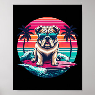 Poster Surfando Bulldog Inglês Pôr do Sol Retro Homens Mu