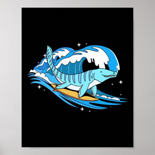 Poster Surfando Mosasaurus Dino Aquático Engraçado Dinoss (Frente)