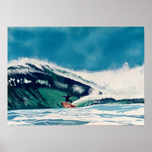 Poster Surfando no oceano com a arte azul califórnia surf (Frente)