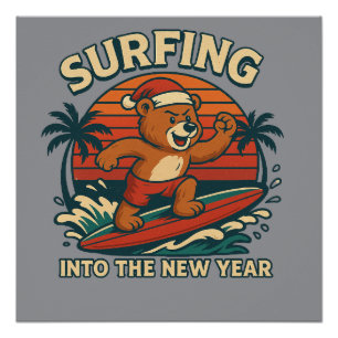 Pôster Surfando para o Ano Novo - Urso Vintage Retro dos