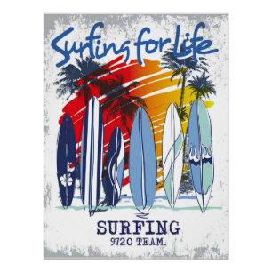 Pôster Surfar na Arte de Surf Retrospectiva Vibrante para