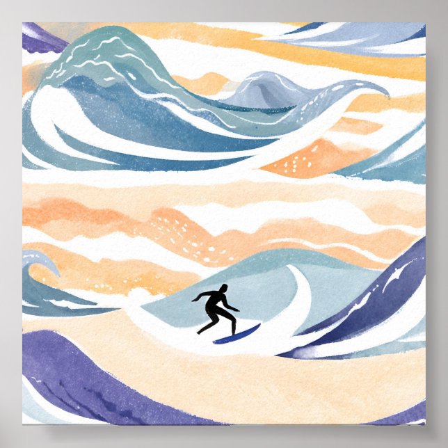 Poster Surfar na Onda | Oceano de Aquarela Contemporânea (Frente)