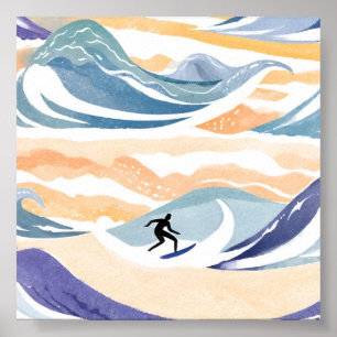 Poster Surfar na Onda   Oceano em Aquarela Contemporânea