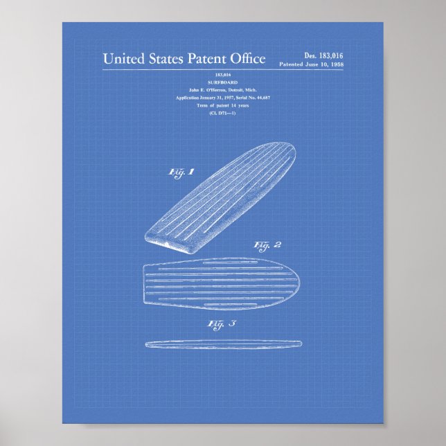 Pôster Surfboard 1958 Patent Art Blueprint (Frente)