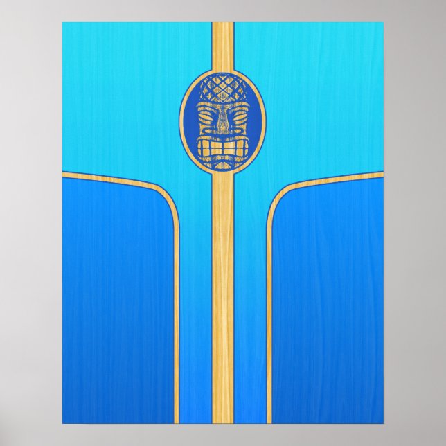 Pôster Surfboard Blue Retro Tiki (Frente)