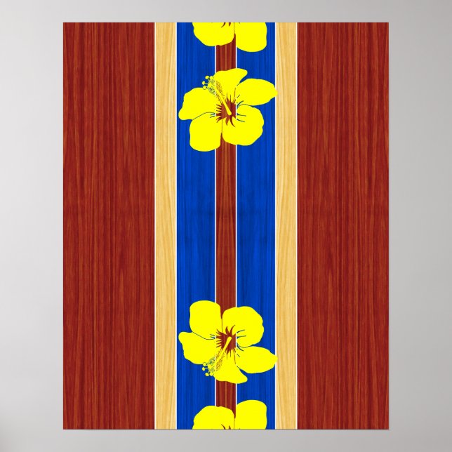 Poster Surfboard de madeira falsa do Hibiscus Amarelo (Frente)