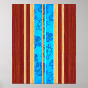 Pôster Surfboard de madeira Honu Hawiian Faux