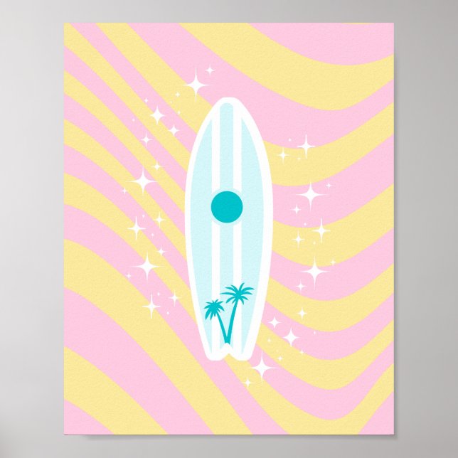 Poster Surfboard Rosa, Arte de Praia, Víblias Tropicais,  (Frente)