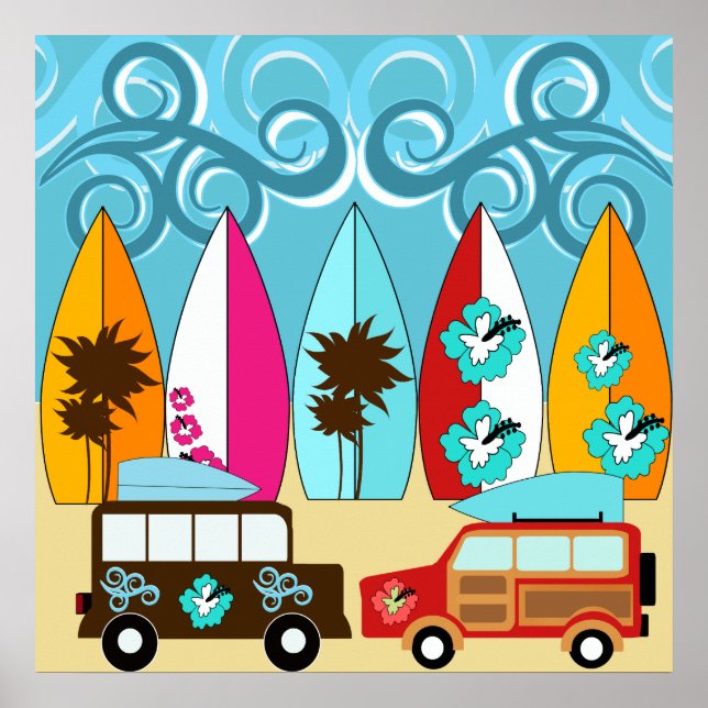 Poster Surfboards Beach Bum Surfing Hippie Vans (Frente)