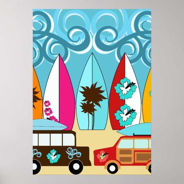 Poster Surfboards Beach Bum Surfing Hippie Vans (Frente)