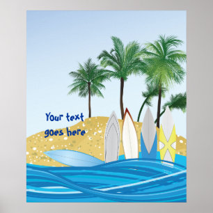 Pôster Surfboards on a tropical beach with palm trees