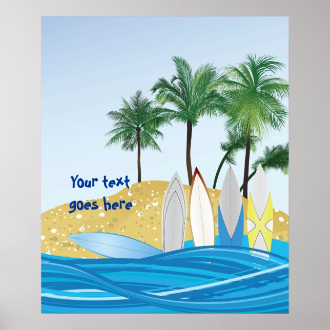 Pôster Surfboards on a tropical beach with palm trees (Frente)