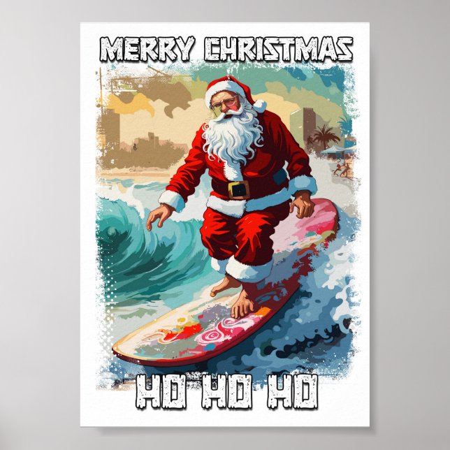 Poster Surfe engraçado no Papai Noel na pop de verão (Frente)