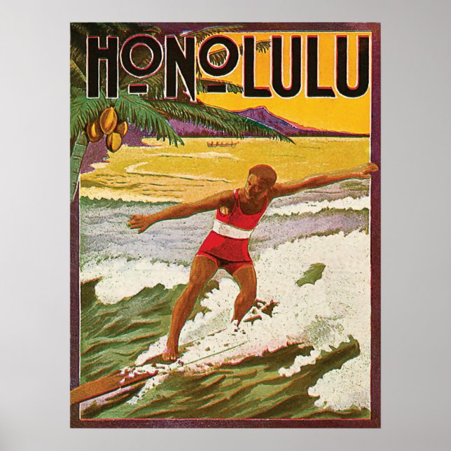 Poster Surfer na praia trópica de Honolulu, viagens vinta (Frente)