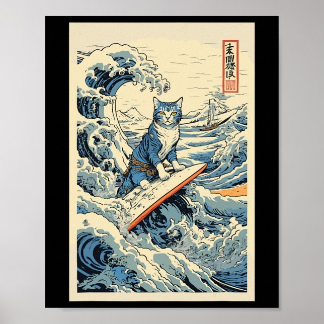 Poster Surfing Cat Hokusai Excelente Wave Off Kanagawa Ja (Frente)