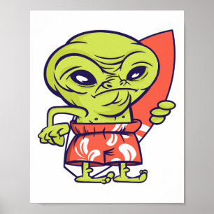 Poster Surfista Alien Surfando Prancha de Surf Extraterre