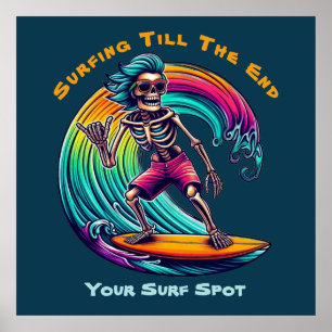 Poster Surfista De Esqueleto Andando Uma Onda