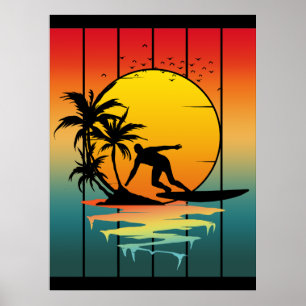 Poster Surfista de surf ao pôr do sol vintage Oceano