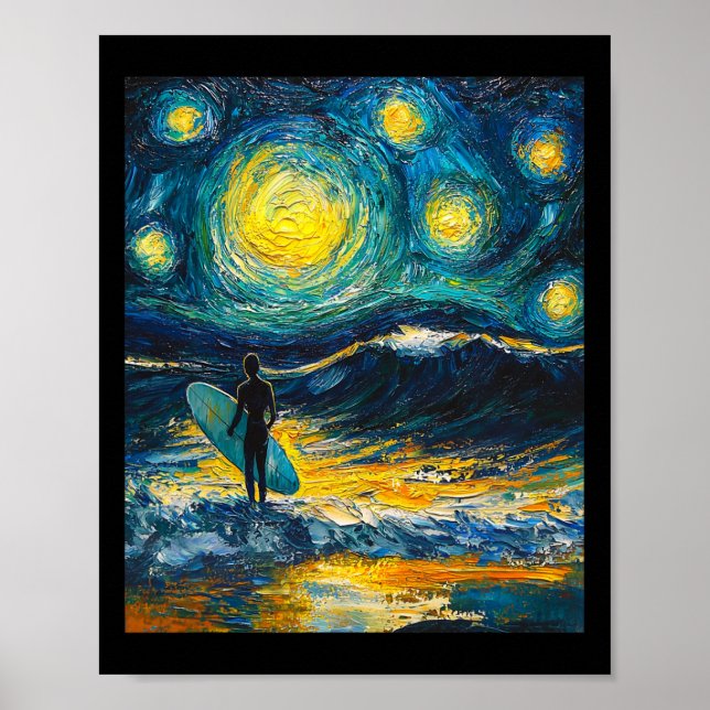 Poster Surfista de Surf Surfboard - Estilo Van Gogh - Est (Frente)