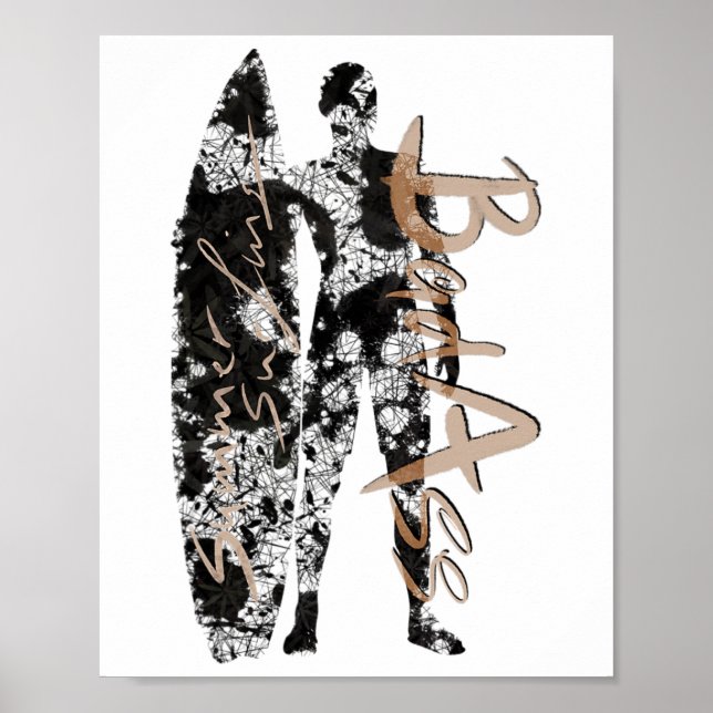 Poster Surfista De Verão Surfando De Preto Com Prancha De (Frente)