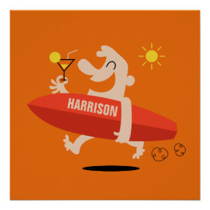 Pôster Surfista Engraçado com poster de nome personalizad