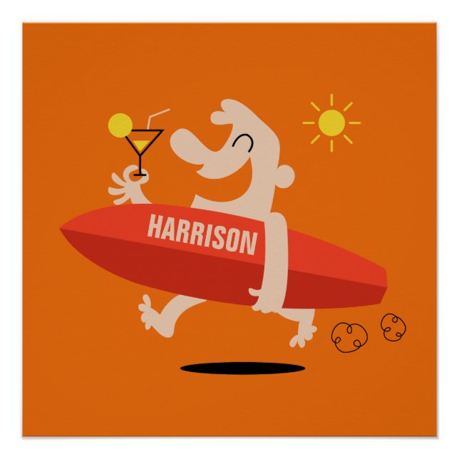 Pôster Surfista Engraçado com poster de nome personalizad (Frente)