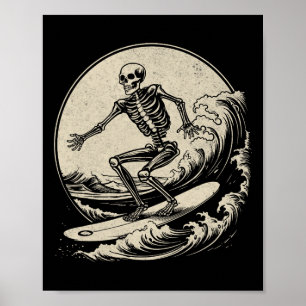 Poster Surfista Esqueleto Vintage Surfe de Onda Grande Hu