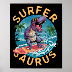 Poster Surfista Saurus T-rex Dinossauros Surfando Cavalei