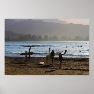 Pôster Surfistas da noite, baía de Hanalei, Kauai