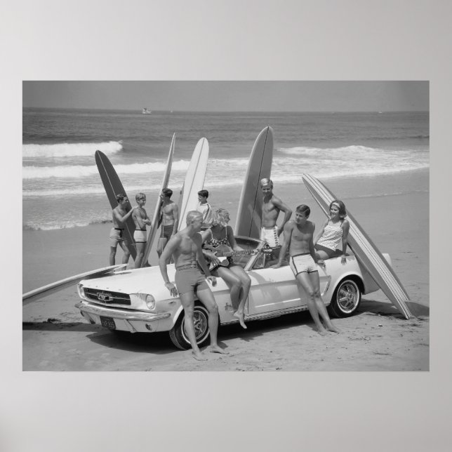 Poster Surfistas Retro, Black and White Beach Vintage (Frente)