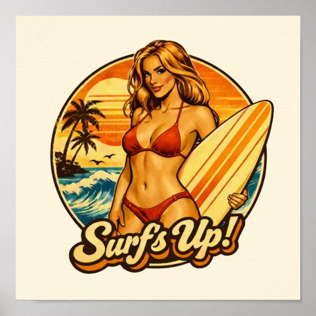 Poster Surf's Up Bikini Pin-Up Retro Surf Shop Beach Art (Frente)