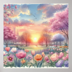 Poster Surgimento solar num parque com flores de aquarela