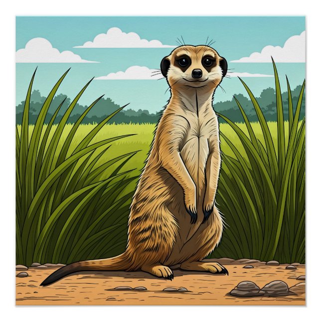 Pôster Suricata em pé alerta em um campo de grama (Frente)