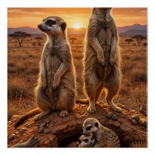 Pôster Suricatas Fofas em Pé na Paisagem do Deserto Vida