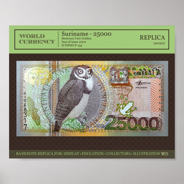 Poster Suriname 25.000 Gulden Banknote replica 10x8 foto (Frente)