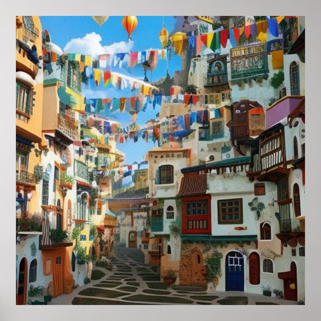 Poster Surreal Art Abstrato a pequena cidade de rua turís (Frente)