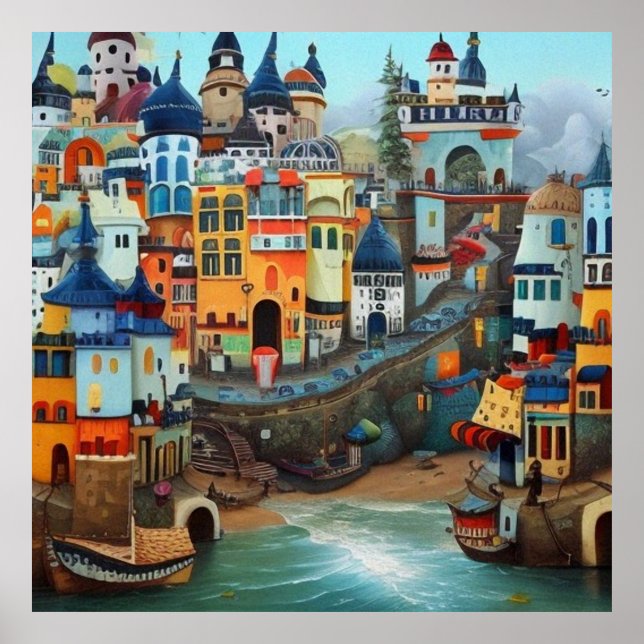 Poster Surreal Art Abstrato a pequena praia turística (Frente)