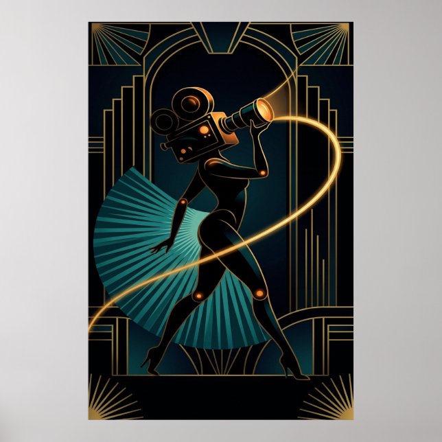 Poster Surreal Art Deco Camera Woman Gold Silhouette (Frente)