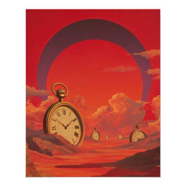 Pôster Surreal Desert Clock Red Dreamscape Art (Frente)
