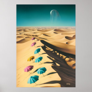 Poster Surreal Dreamscape of Colorful Umbrellas in Desert