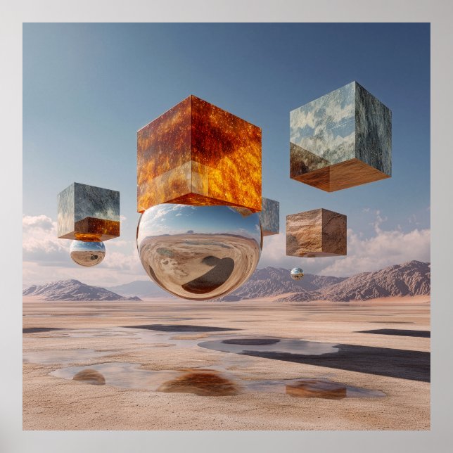 Poster Surreal Floating Cubes And Reflective Sphere (Frente)