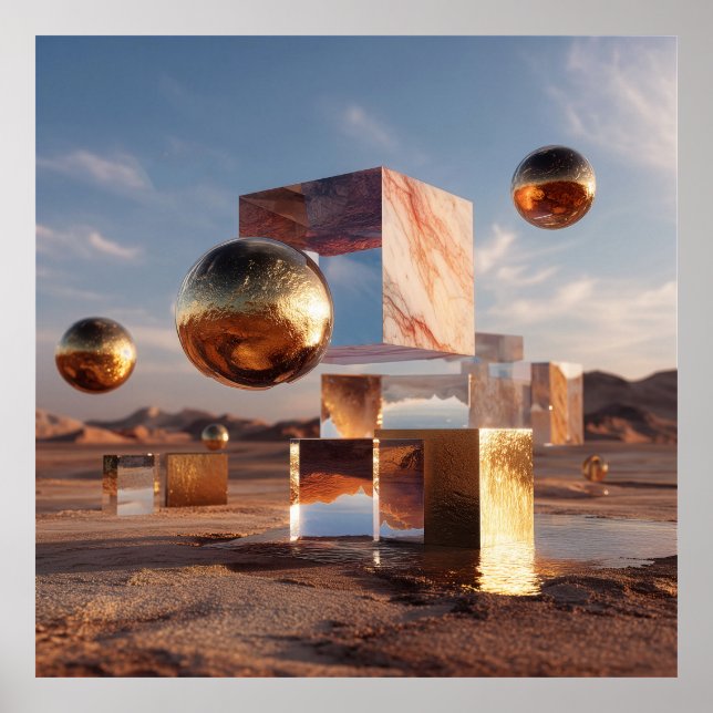 Poster Surreal Geometric Composition With Golden Spheres (Frente)