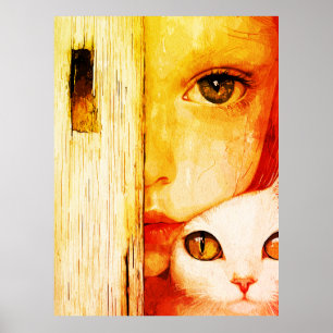 Poster Surreal Girl and Cat Wall Art - Fantasia de Olhos 