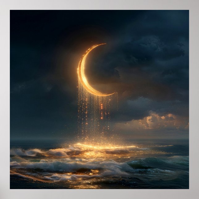 Poster Surreal Golden Crescent Moon Above Ocean (Frente)