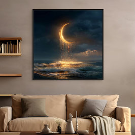 Poster Surreal Golden Crescent Moon Above Ocean
