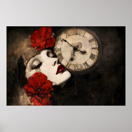 Poster Surreal Gothic Woman with Red Poppies and Vintage 